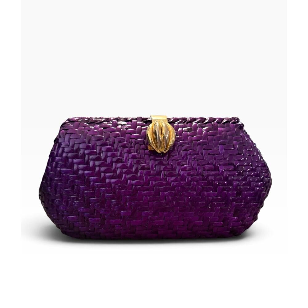 Vanessa Vintage Purple Woven Clutch Evening Bag Gold Chain Crossbody Kiss Lock